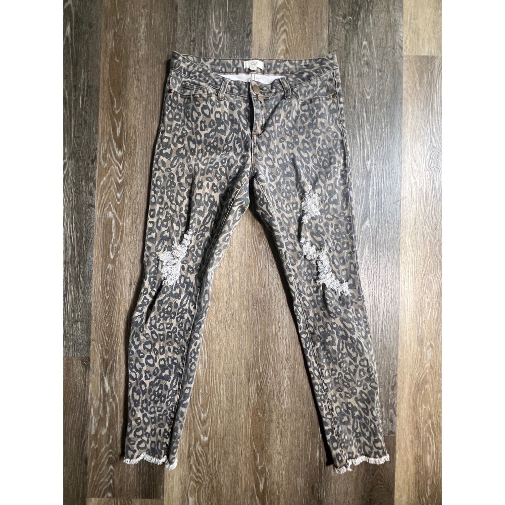 Easel Leopard Print Jeans Womens Medium Grey Tan Distressed Frayed Hem Skinny